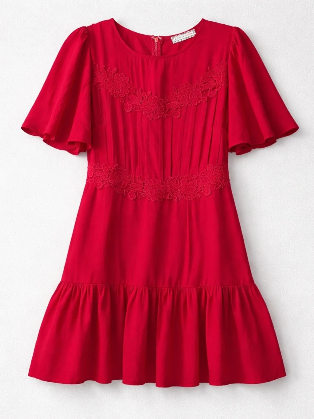 A. Calin by Flying Tomato Red Mini Dress | Lace Detail | Flowy Tiered | Medium - Picture 4 of 12